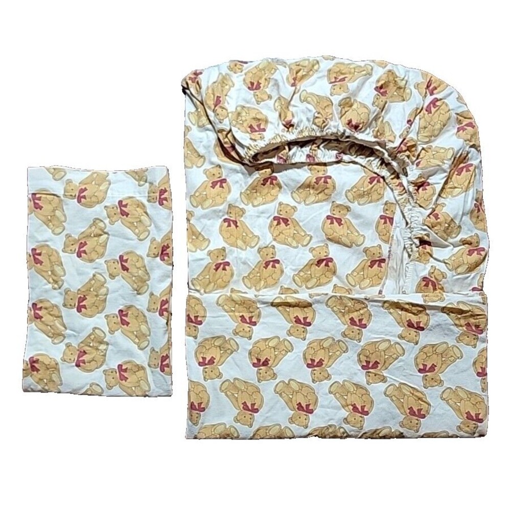 VTG JP Stevens Flannel Teddy Bear w/ Bow Twin Fitted Sheet Pillowcase